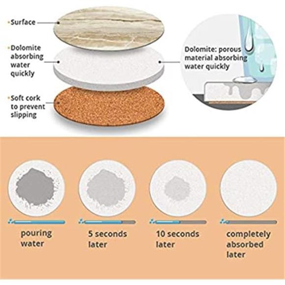 Set of 6 Drink Coasters with Holder Absorbent Coaster Marble Style Ceramic - Picture 5 of 6